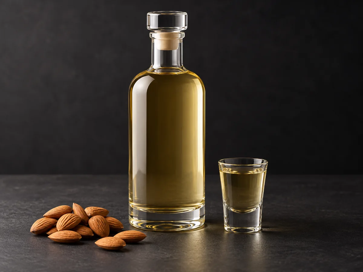 Миндальная настойка: бутылка, рюмка и сладкий миндаль