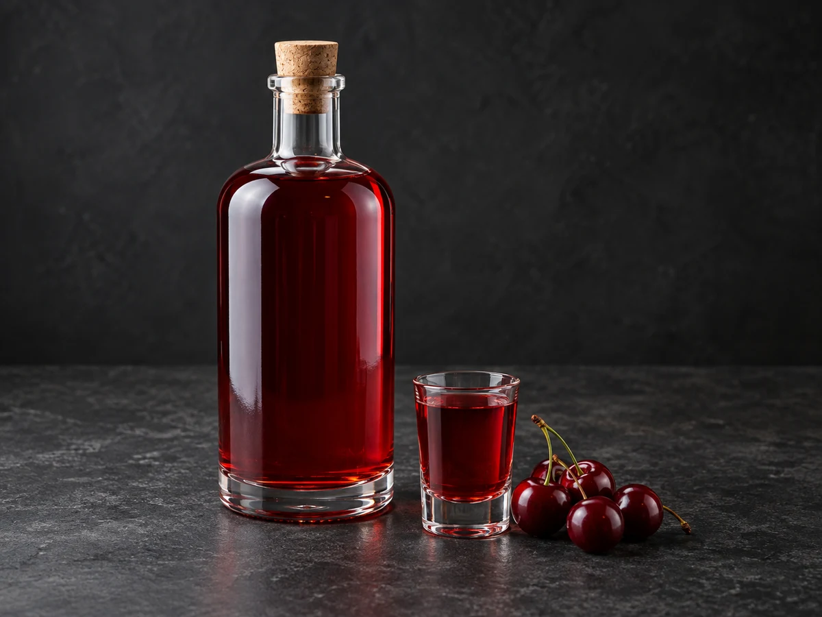 Вишнёвая без косточек: бутылка, рюмка и вишня