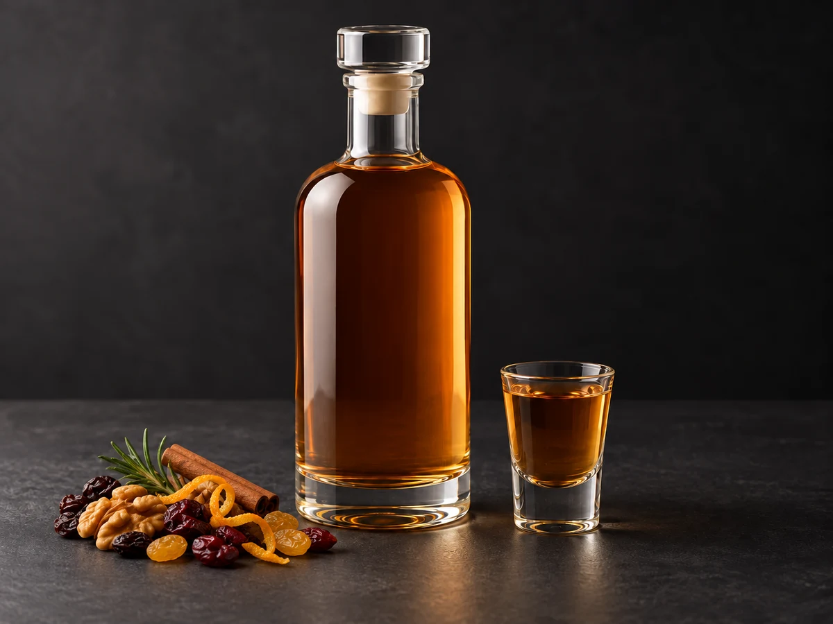 Рождественские сухофрукты с орехом и розмарином: бутылка, рюмка и сухофрукты и грецкий орех