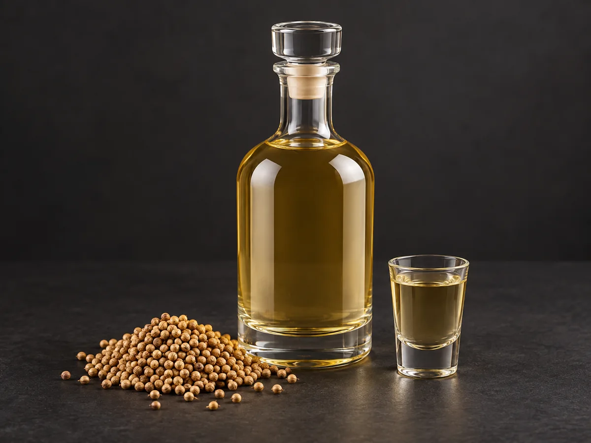 Быстрая кориандровая настойка: бутылка, рюмка и кориандр