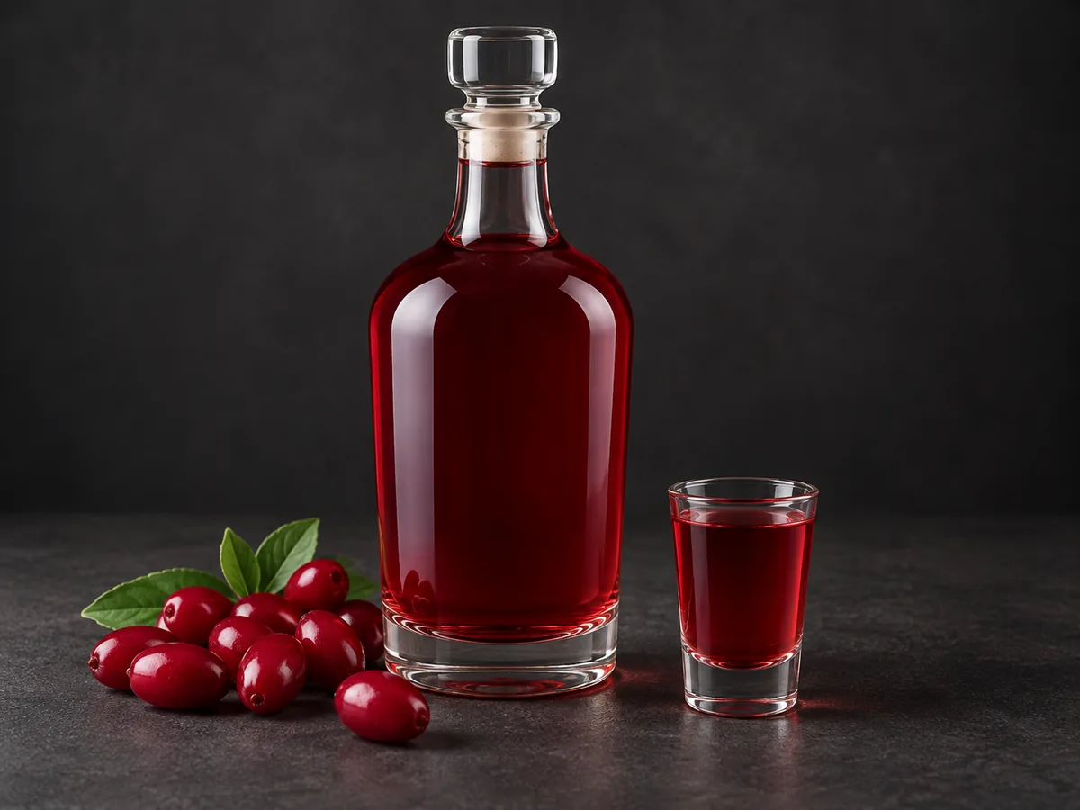 Кизиловая настойка без косточек: бутылка, рюмка и кизил