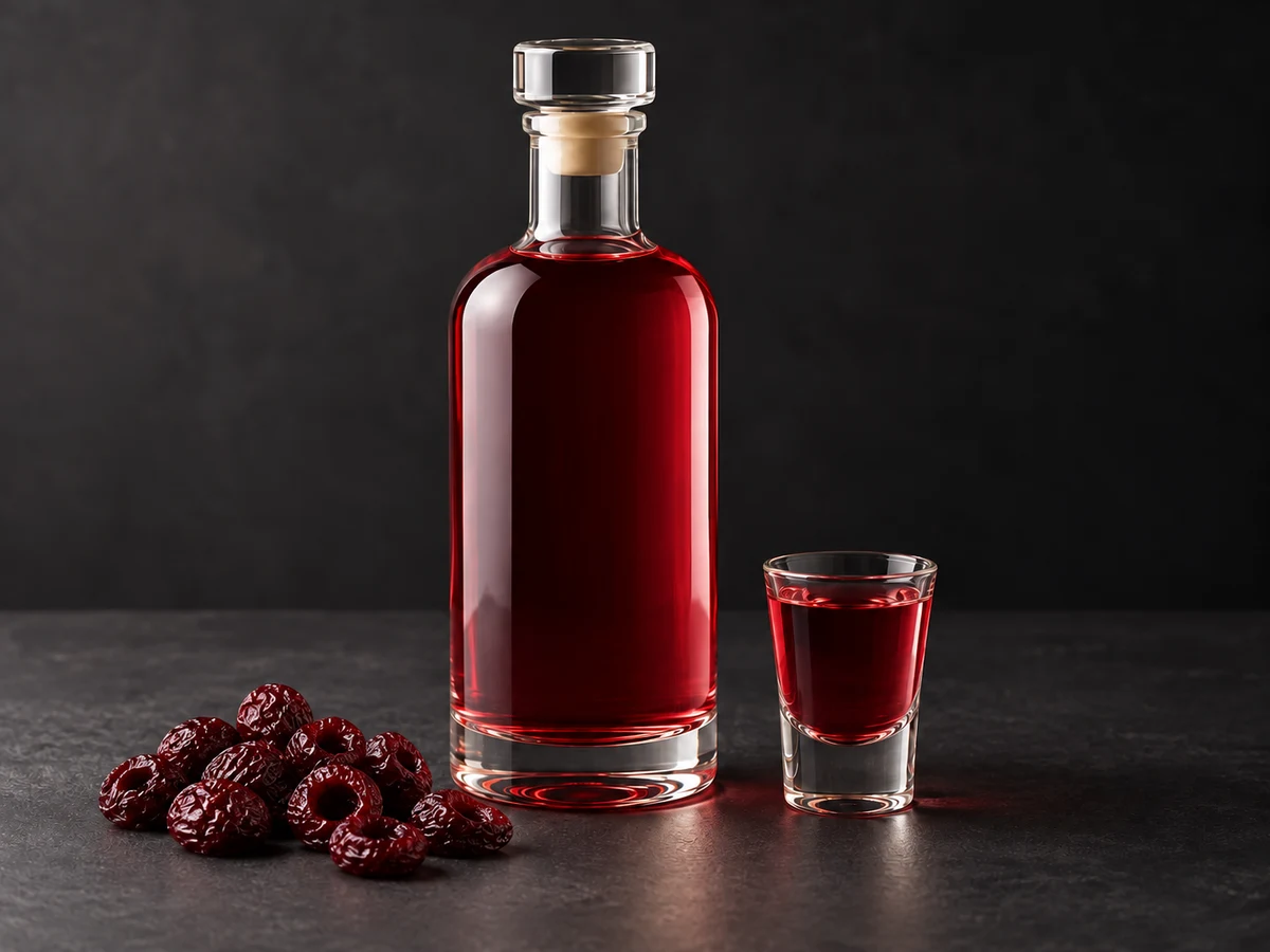 Настойка на сушёной кислой вишне: бутылка, рюмка и сушёная вишня
