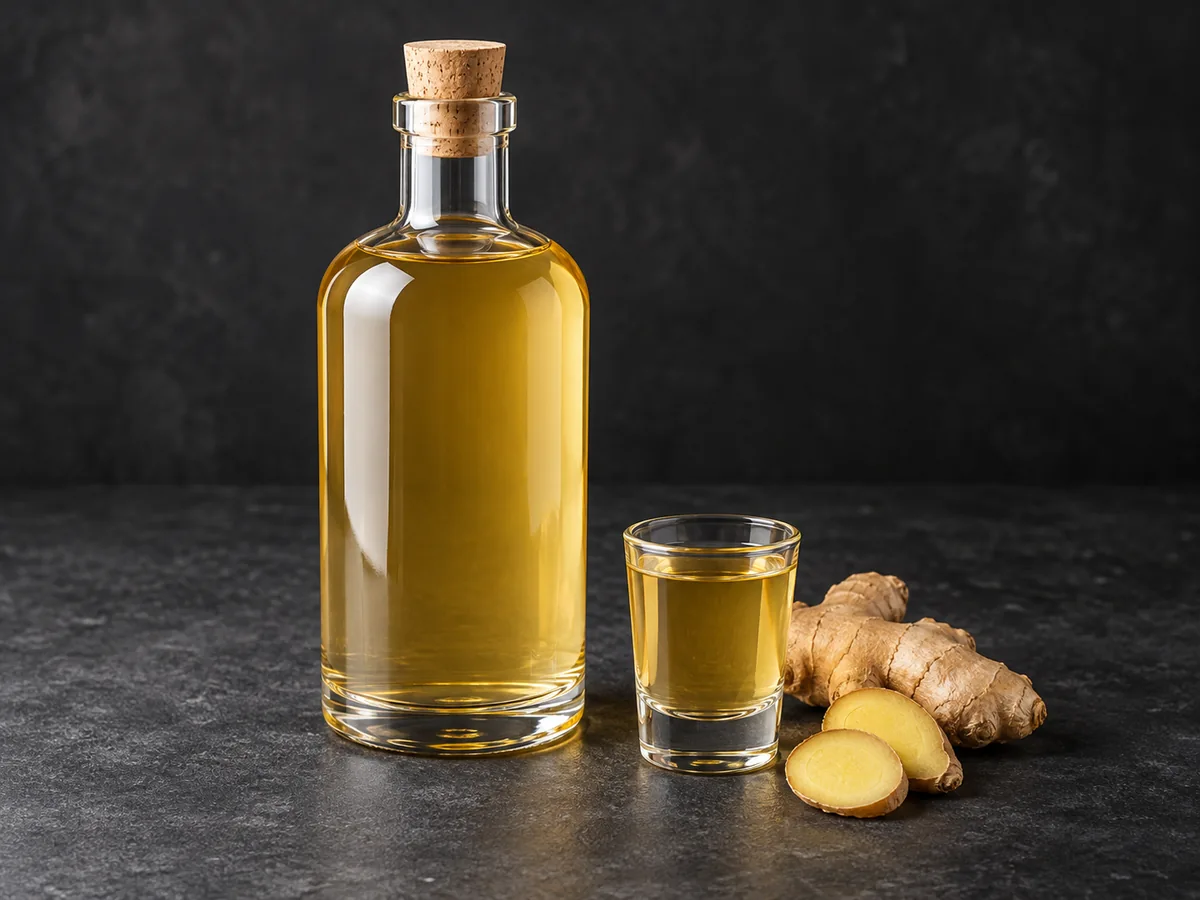 Имбирная с мёдом: бутылка, рюмка и имбирь