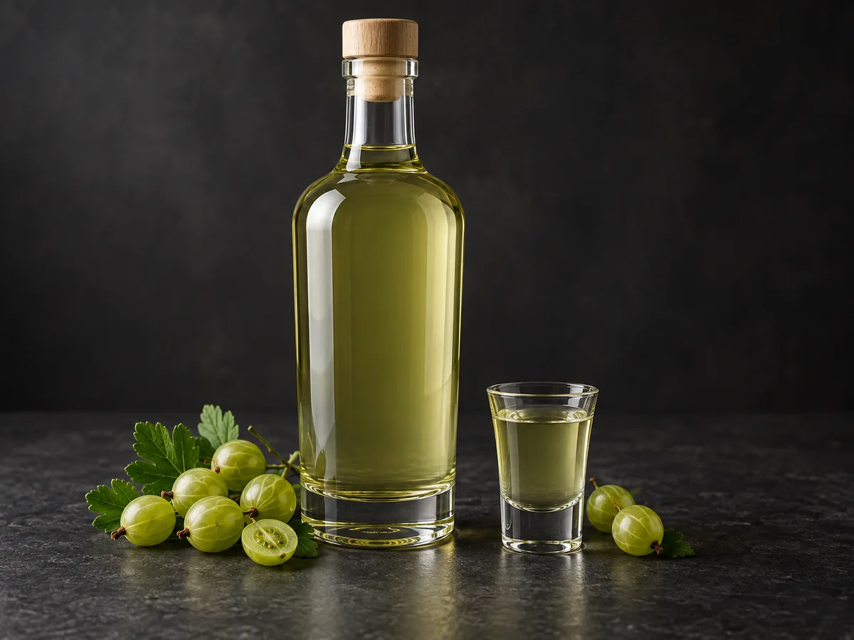 Классическая настойка на крыжовнике: бутылка, рюмка и крыжовник