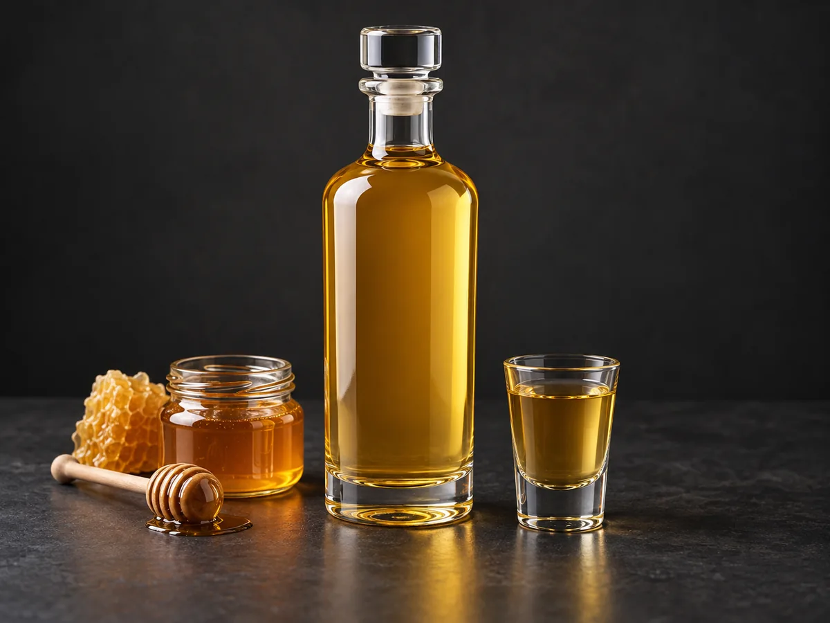Крупник с медовым пряным сиропом: бутылка, рюмка и мёд