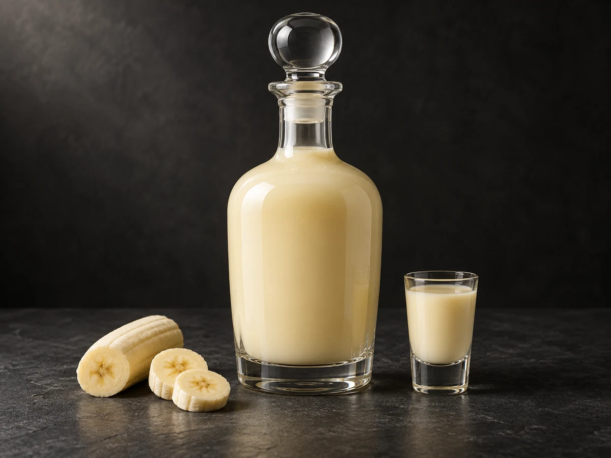 Банановый сливочный ликёр Bananino: бутылка, рюмка и банан