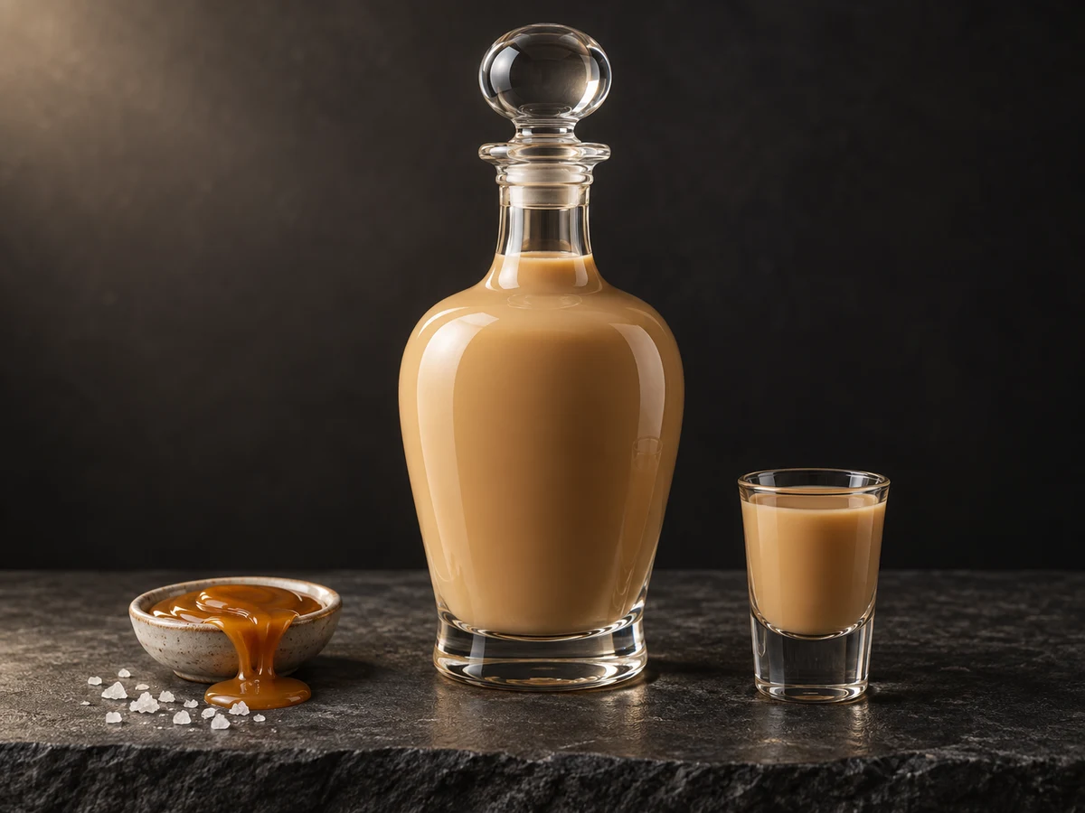 Сливочная настойка «Солёная карамель»: бутылка, рюмка и карамель