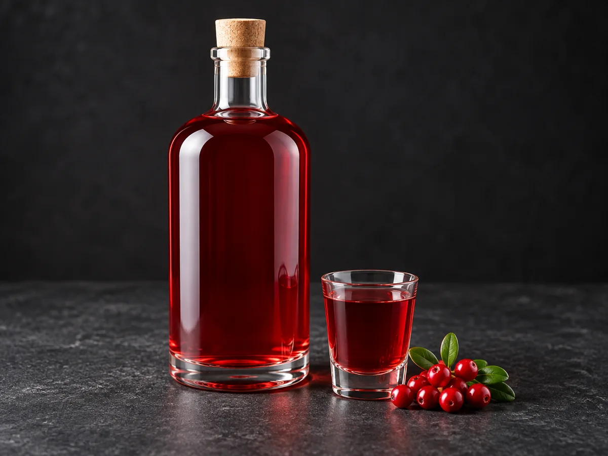 Брусничная классическая: бутылка, рюмка и брусника