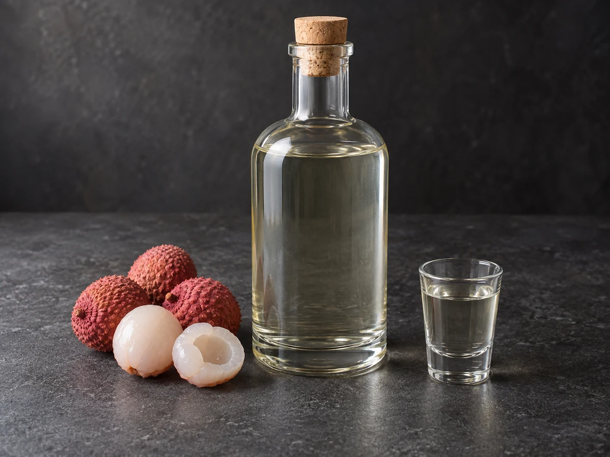 Ликёр из личи без косточек: бутылка, рюмка и личи