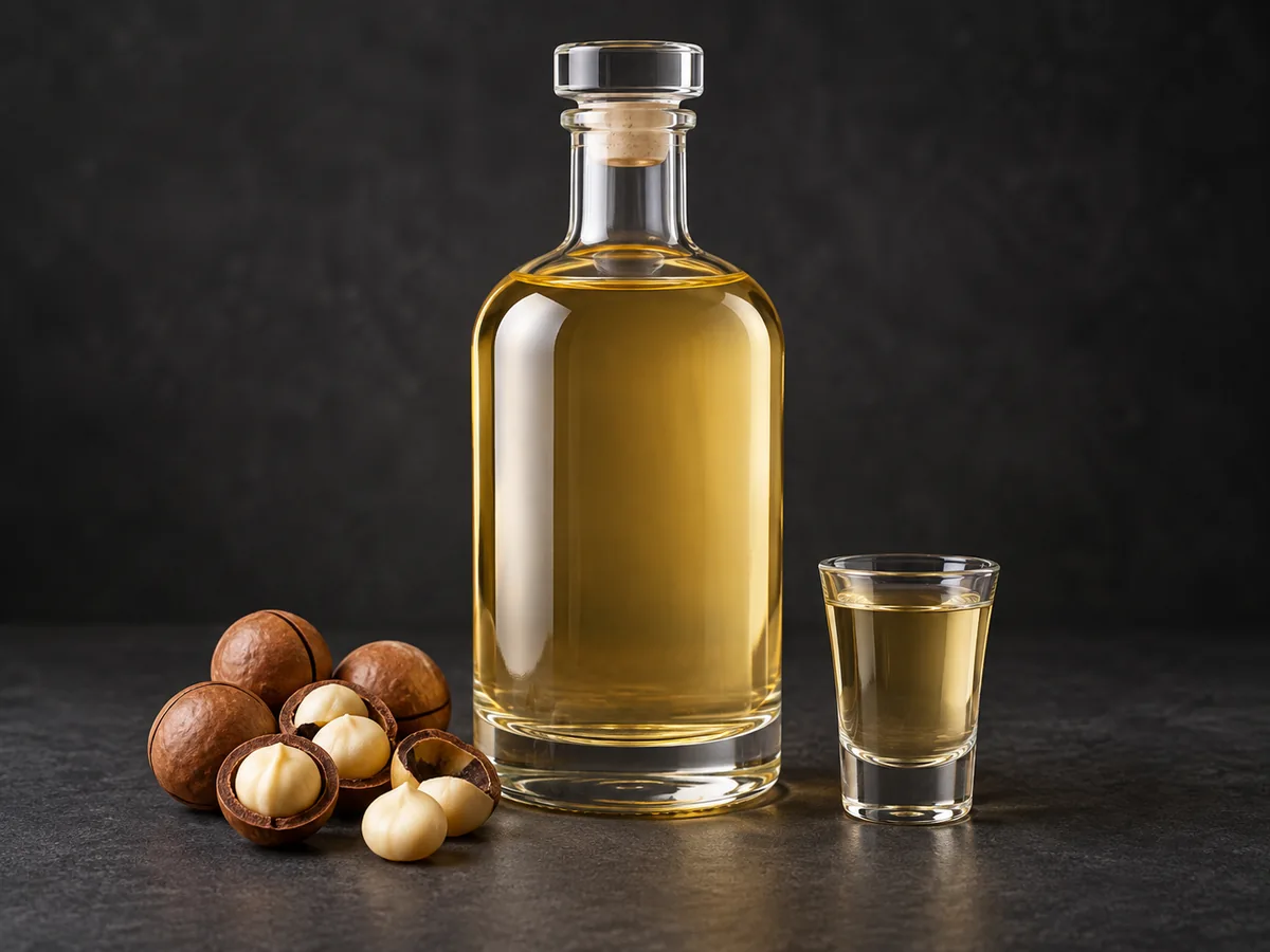 Настойка на скорлупе макадамии (австралийского ореха): бутылка, рюмка и макадамия