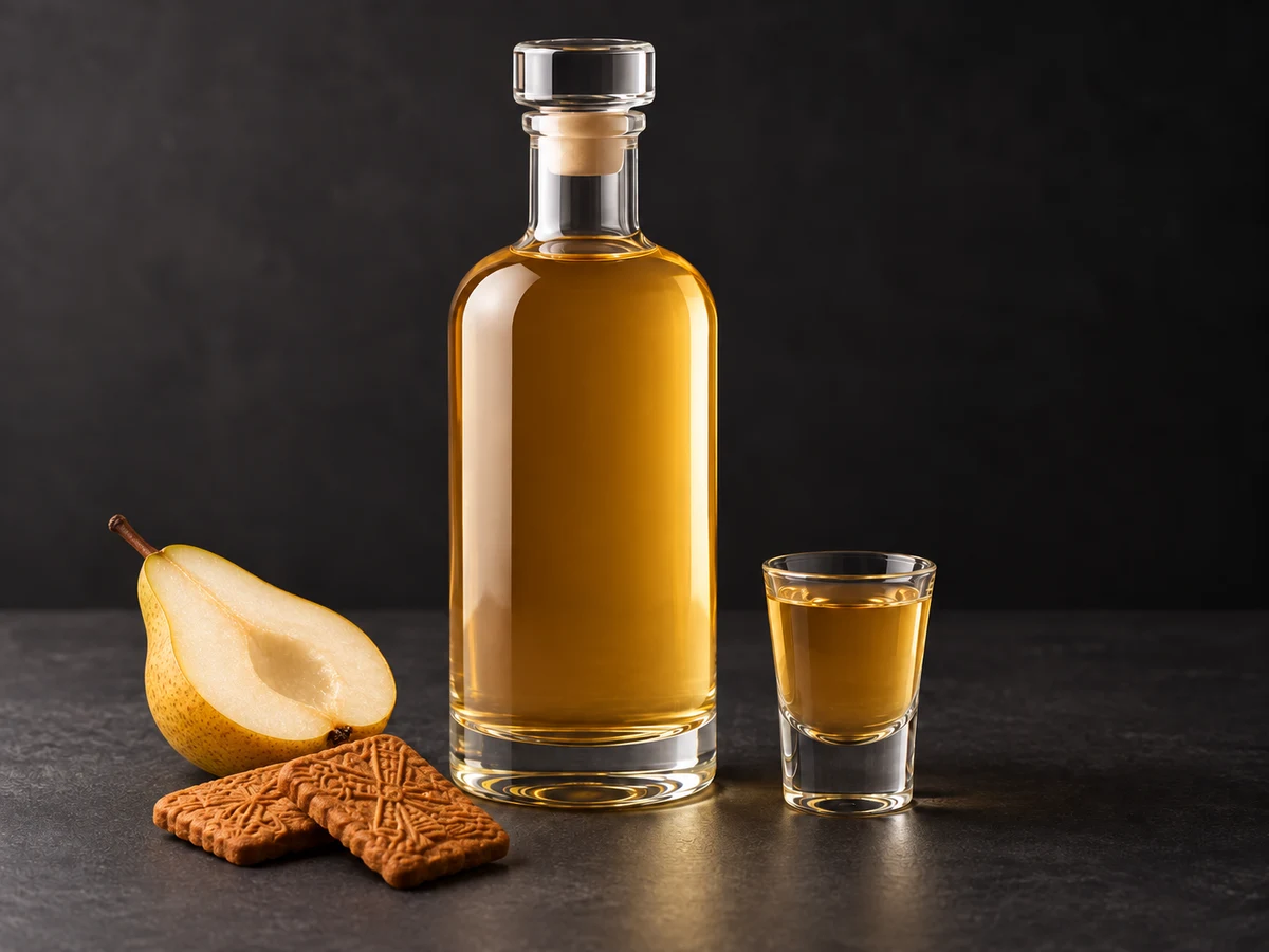 Карамелизованная груша со speculoos: бутылка, рюмка и груша