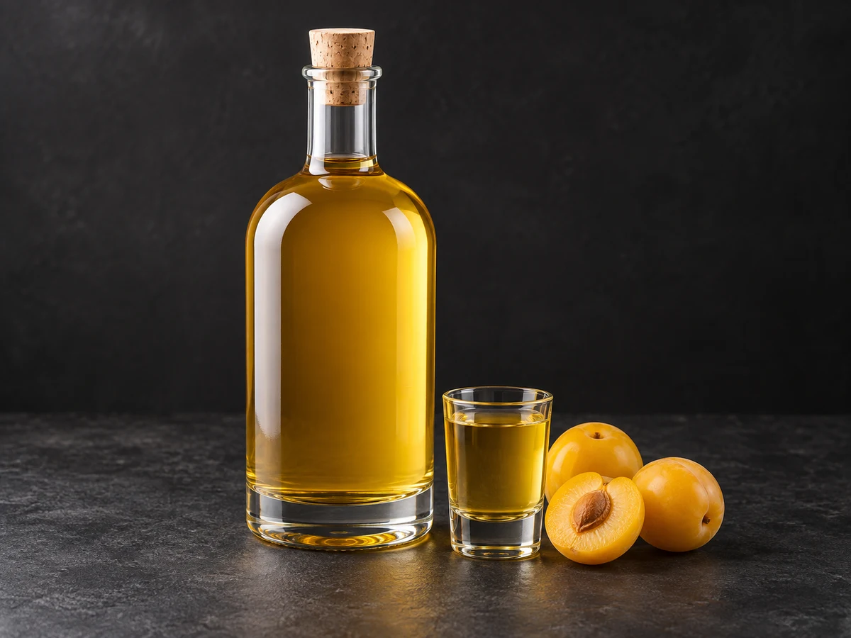 Алыча без косточек: бутылка, рюмка и алыча