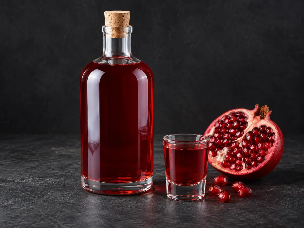Гранатовая с лимонной цедрой: бутылка, рюмка и гранат