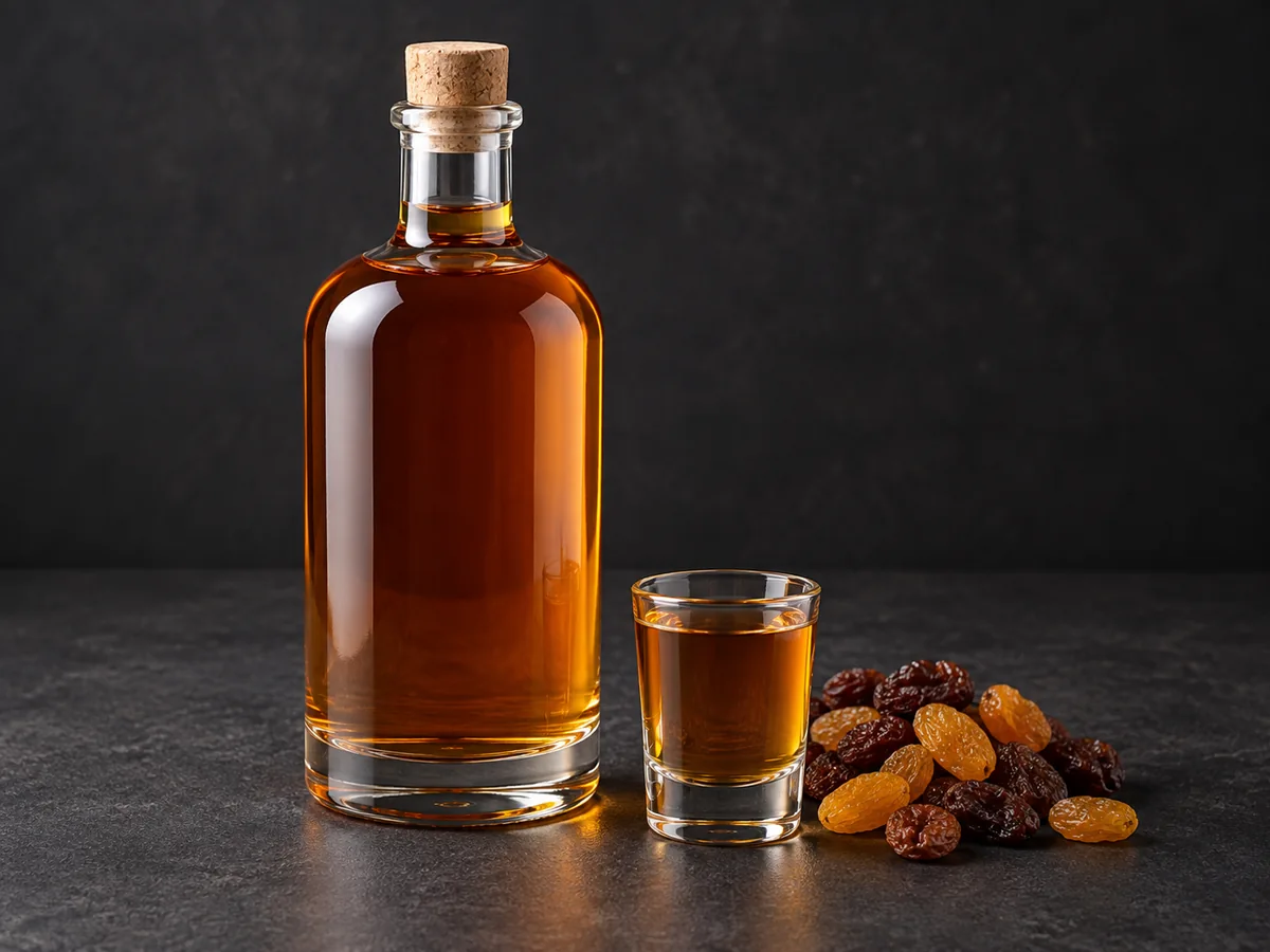 Изюмовка классическая: бутылка, рюмка и изюм