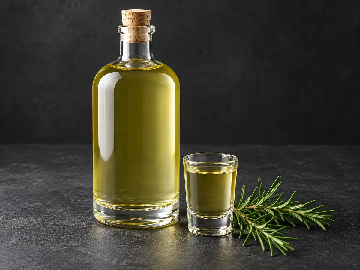 Розмариновая настойка: бутылка, рюмка и розмарин