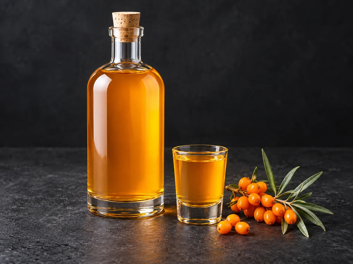Облепиховая настойка: бутылка, рюмка и облепиха