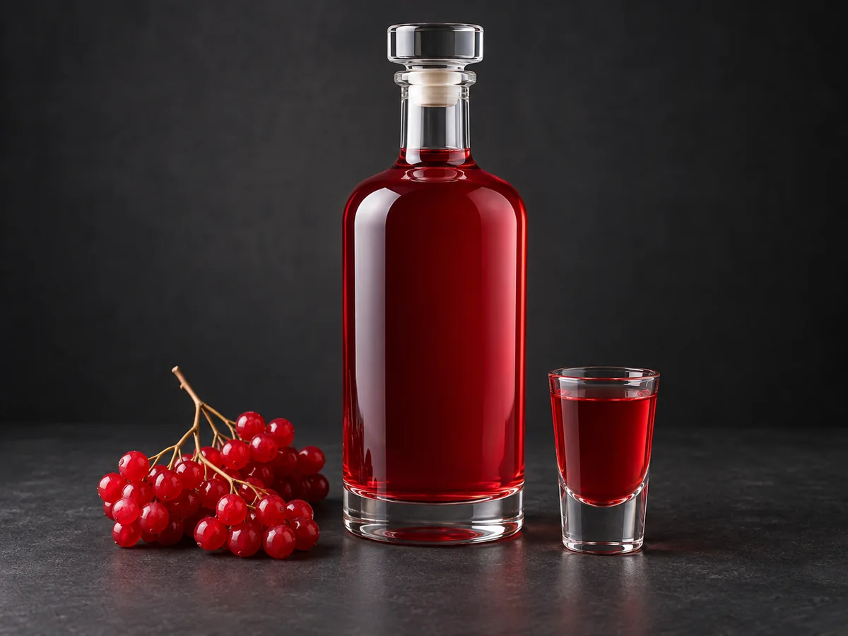 Калиновая настойка на целых ягодах: бутылка, рюмка и калина