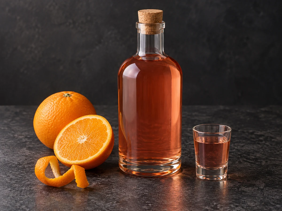 Vin d’orange на розовом вине: бутылка, рюмка и апельсин