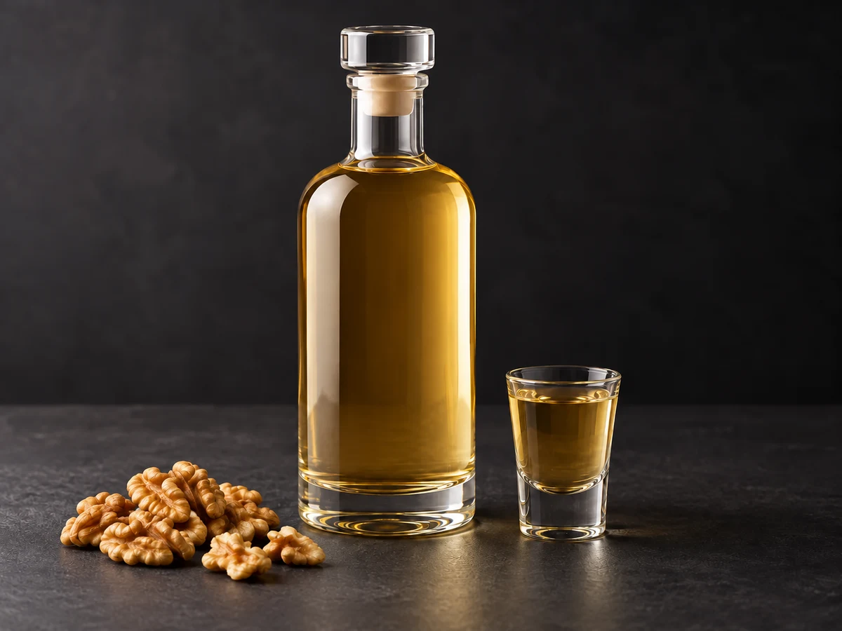 Ликёр на спелом грецком орехе: бутылка, рюмка и грецкий орех